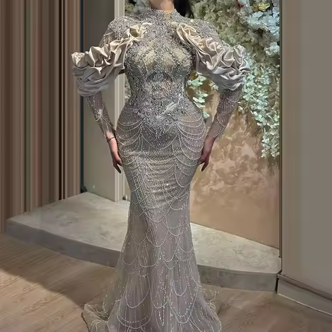 Arabic Champagne High Neck Mermaid Evening Dress Long Sleeve Formal Prom Dress Crystal Beaded Birthday Party Dress Customized