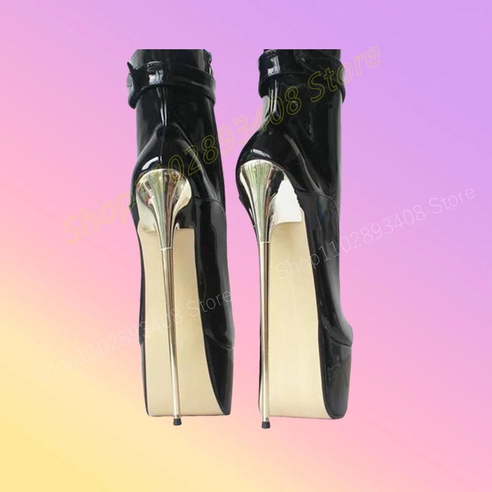 

Sexy Metal Stiletto High Heel Platform Ankle Boots Patent Leather Buckle Cross Tied Fashion Women Shoes 2024 Zapatos Para Mujere