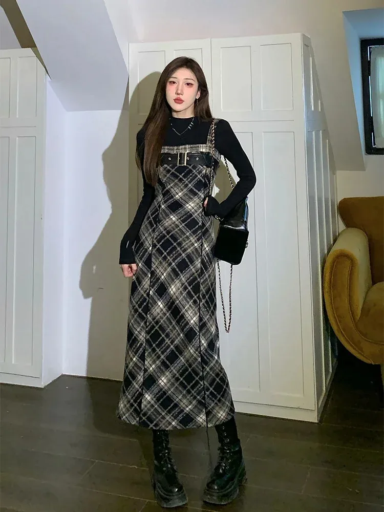 2025 novo 2023 outono elegante xadrez 2 peça vestido conjunto feminino outwear casual blusa preta + vintage vestido de alça fina coreano f ★ ★