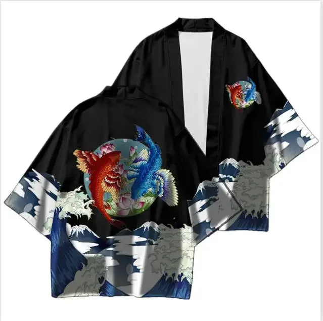 ثوب الكيمونو الياباني الرجال سترة قميص بلوزة يوكاتا هاوري أوبي ملابس الصيف المطبوعة الأسود الذكور الساموراي الملابس #3