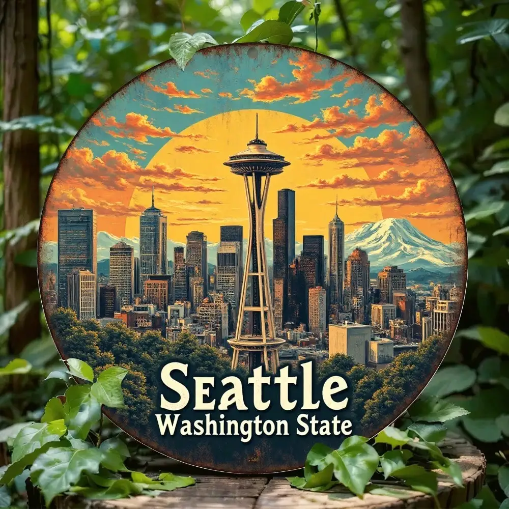 Arte de pared metálico Seattle Skyline - Decoración plana 2D vintage de Space Needle y Fuji para el hogar y la oficina