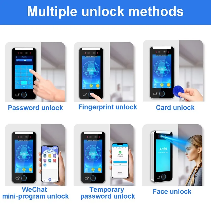 เครื่องควบคุมการเข้าออกด้วยระบบไบโอเมตริกซ์แบบไดนามิกด้วย WIFI AI พร้อมระบบจดจำลายนิ้วมือและใบหน้า ควบคุมผ่านแอป Tuya หน้าจอ HD 1080P ขนาด 5 นิ้ว