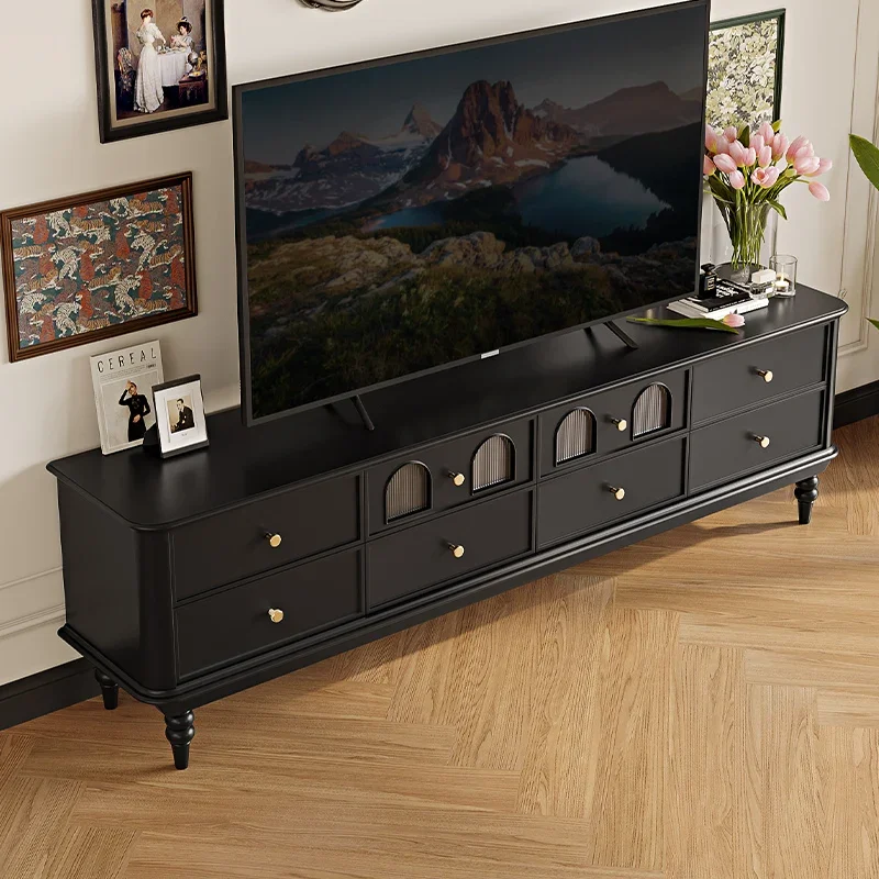 

French retro arch, black solid wood glass TV cabinet coffee table, American light luxury small apartment living room combination
