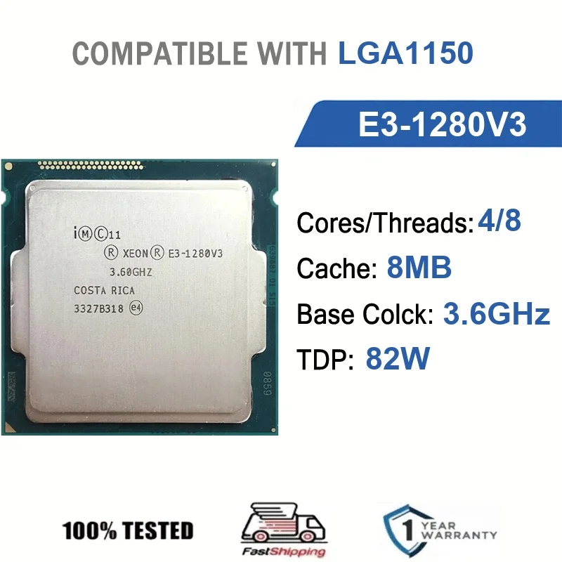 Intel Xeon E3-1280V3 4 núcleos 8 hilos 3,6 GHz 82 W 8 MB de caché 22 nm LGA 1150 SR150 DDR3/DDR3L 1333/1600 MHz Haswell