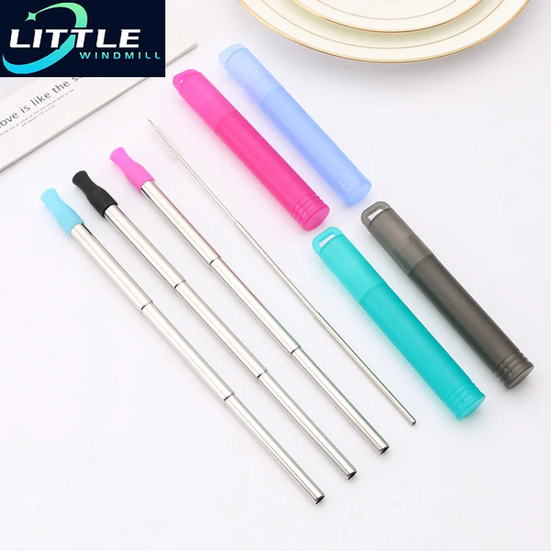 Telescopic Reusable Drinking Straws Stainless Steel Metal  Folding  Set with Case Cleaning Brush Camping Travel