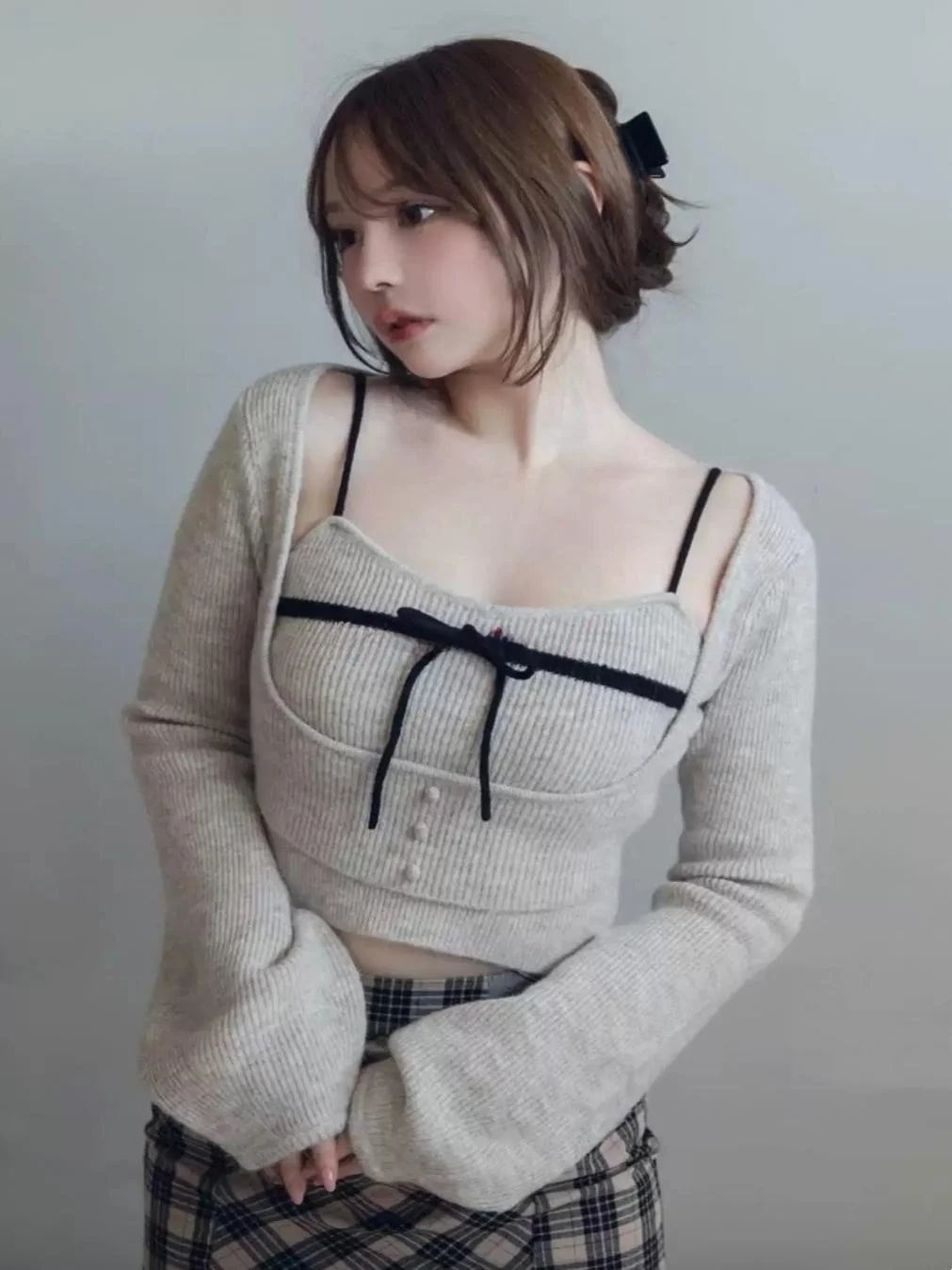 

Sweet Pure Desire Style! Long Sleeve Knitted Sweater with Knot Strap Two-Piece Set Color Slim Fit Japanese Style