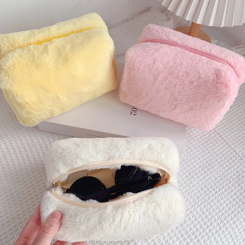 10Pcs Portable Plush Pen Bag Solid Color Fur Pencil Case Large Capacity Zipper Soft Organizer Case School Stationery Supplies