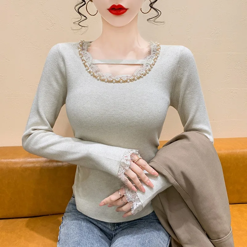 

Женский длинный вязаный свитер Све, кружевной лоскутный, с бисером, U-Ne, облегающая основа, корейский Sle, мягкая тонкая пряжа