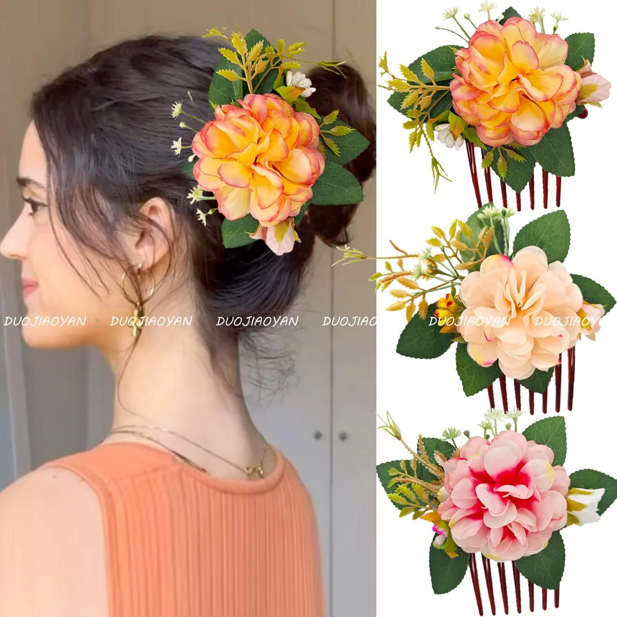 

Creative Bohemian Peony Flower Hair Comb Upside-down Hair Accessory Women Beach Vacation Photos Faux Fabric Flower Fashion Comb