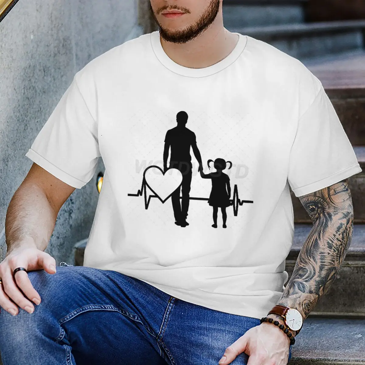 Father's Day Gift T-Shirts Men's Father & Daughter Heartbeat Graphic Tee Top Daily Wear Funny Dad Gift Casual Men's T-Shirt