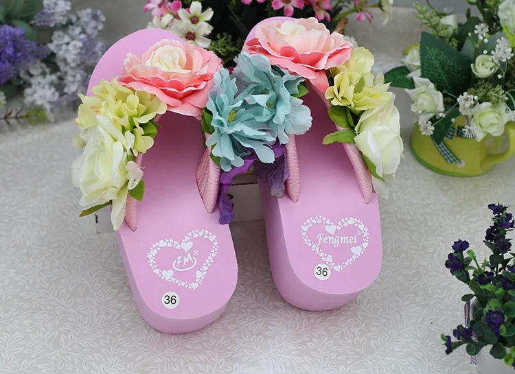 Handmade Slippers For Women Summer Flip Flop Flowers Decoration Female Indoor 6cm High Heel Bohemia Beach Sandal Slippers