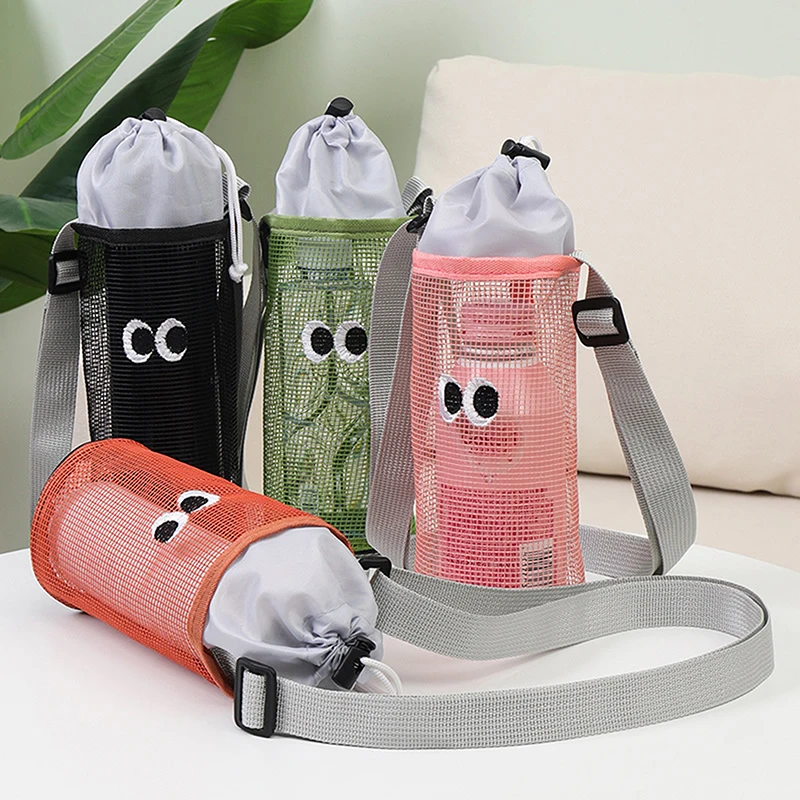 Sports Water Bottles Pouch Bag Big Eye Mesh Water Bottle Sleeve Adjustable Shoulder Strap Mesh Water Bottle Bag