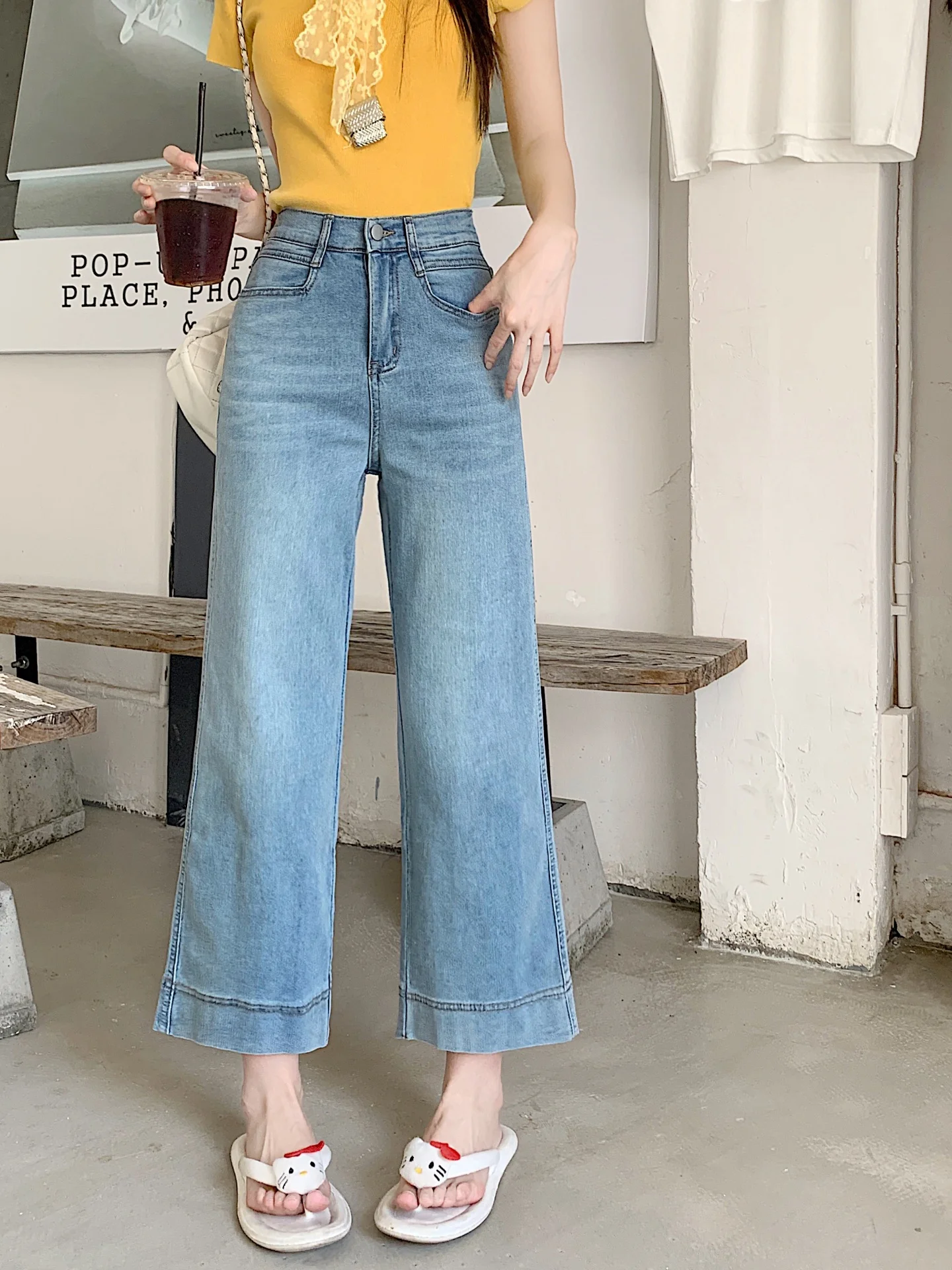 Niebieskie jeansy damskie z prostymi nogawkami, cienkie spodnie z szerokimi nogawkami, wysoki stan, wyszczuplające, zwiewne, długość 7/8, obcisła wersja, casualowe, dżinsowe.