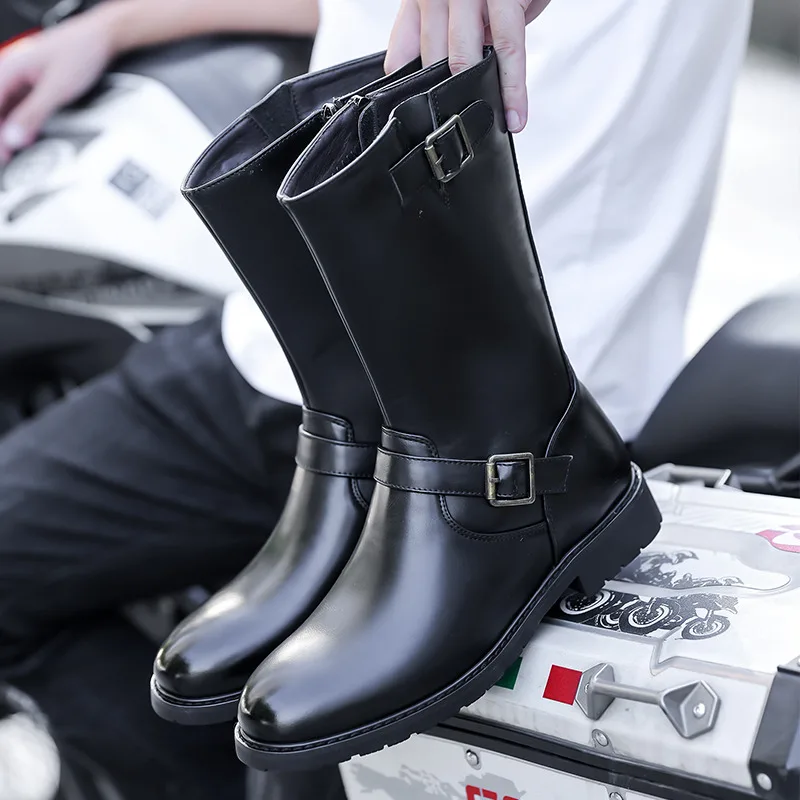 

New Fashion Black Men's High Boots Big Size 48 Luxury Leather Motorcycle Boots with Zipper Knight Boots Men Botas Para Hombre