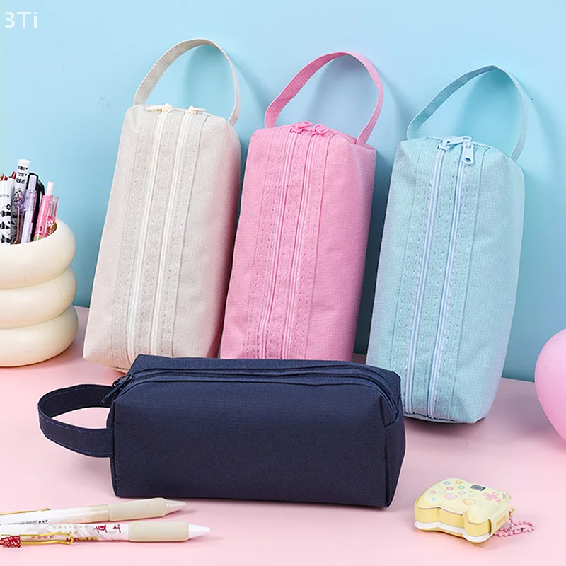Органайзер для карандашей с двойной молнией; Однотонный футляр для школьных принадлежностей большой емкости