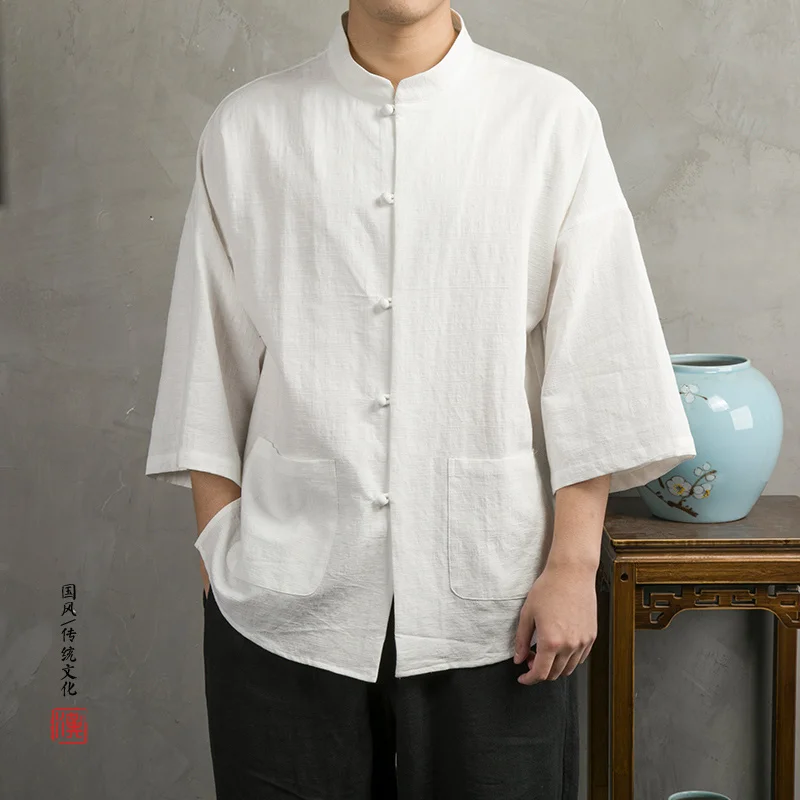 Summer Chinese Style Three-Quarter Sleeve Shirt Plus Size Loose Tai Chi Kung Fu Clothing Cotton Linen Top Men Oversized Hanfu