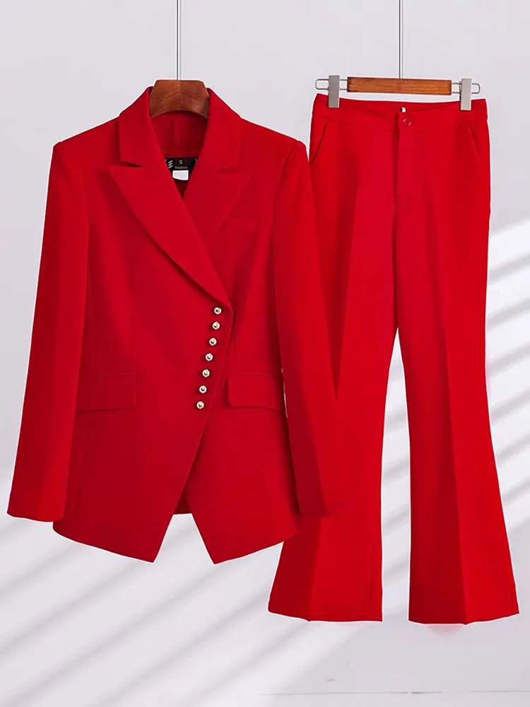 Autumn 2023 Elegant Women\'s Suit Coat+Pants Set Polo Collar Long Sleeve Single breasted Design Red Suit Coat Two Piece Set