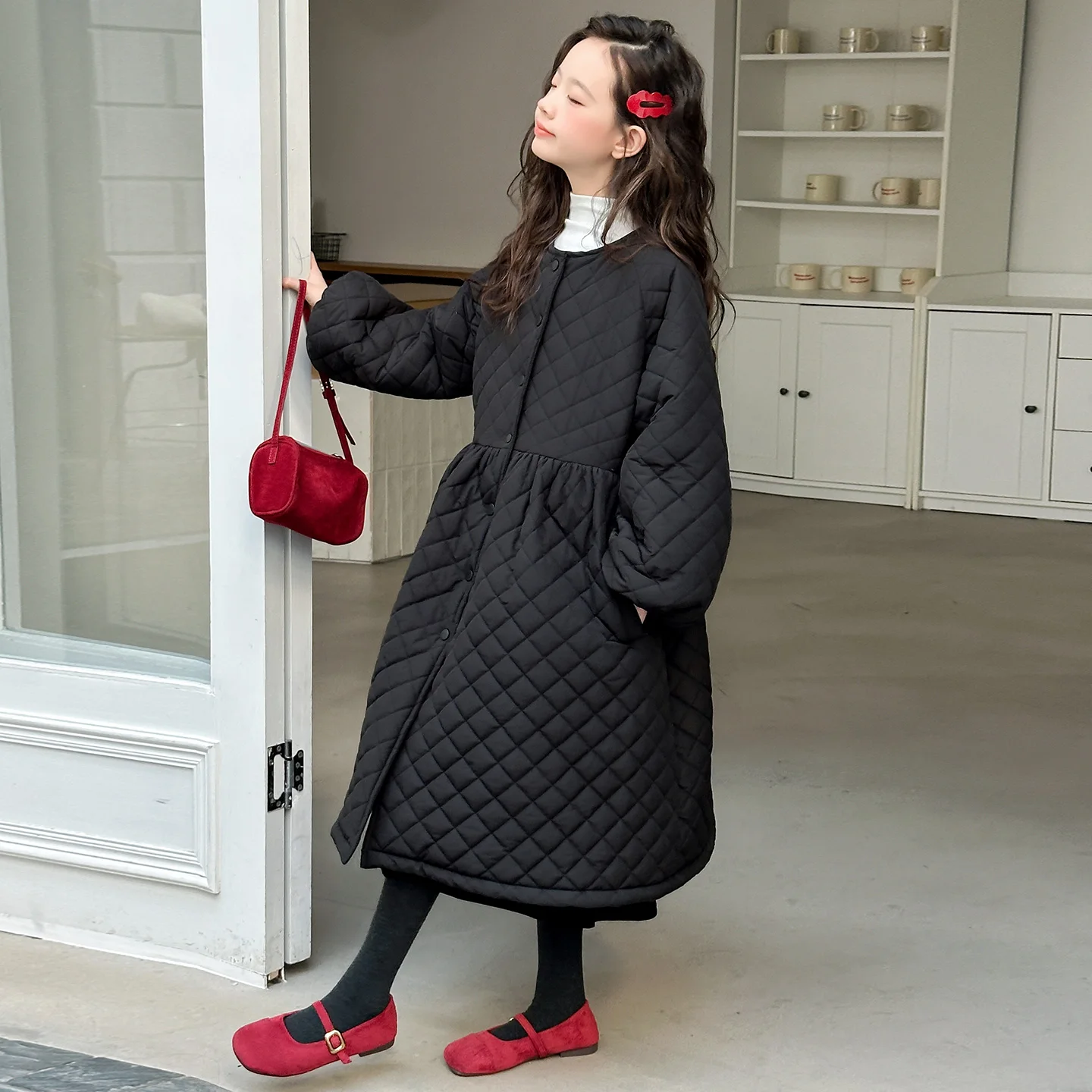 فستان قطني فضفاض وخفيف الوزن بتصميم كلاسيكي متوسط الطول، جاكيت قطني دافئ للفتيات مع مشبك قطني #5