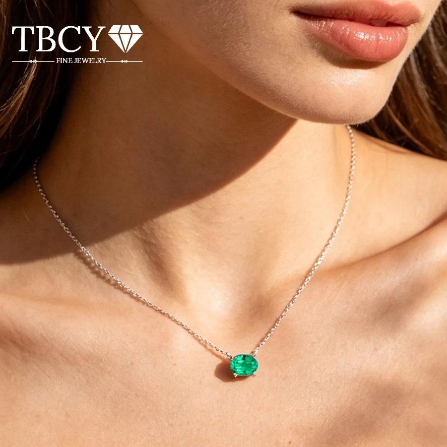 TBCYD 2CT Oval Lab Grown Gemstone Necklace Emerald Ruby Sapphire Necklace for Women S925 Silver Party Fine Jewelry Neck Jewelry