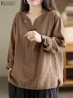 Vintage Women Blouse Autumn Long Sleeve Shirt Female V Neck Work Holiday Blusas ZANZEA Casual Solid Loose Shirt Cotton Chemise