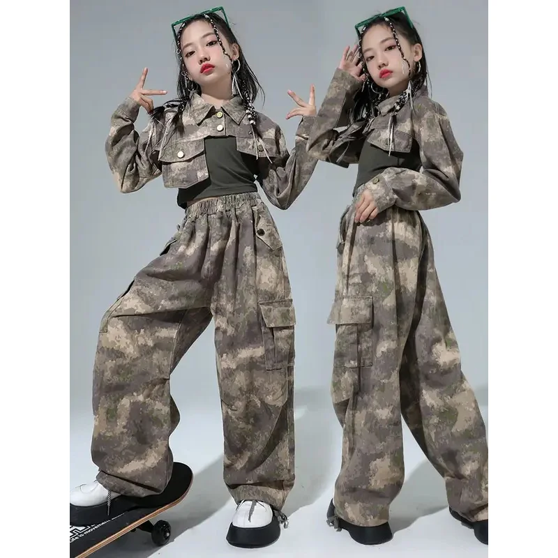 

Kids Kpop Hip Hop Clothing Camo Crop Shirt Girl Jazz Dance Costume Clothes Tank Top Cargo Casual Street Wide Cargo Pants