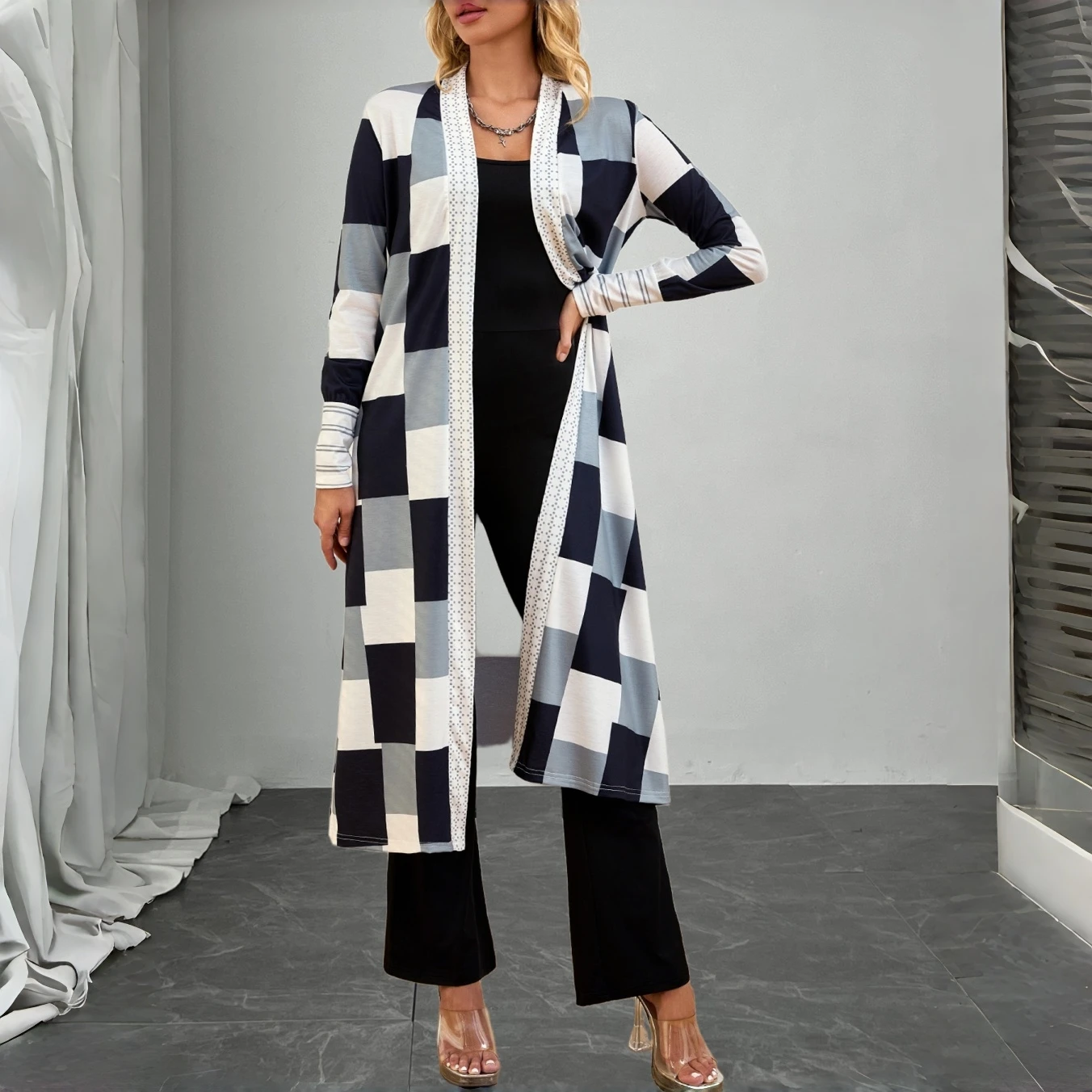 

New Spring Fashion Plaid Print Womens Casual Jacket Long Sleeve Open Front Coat Cardigan Trench Outerwear