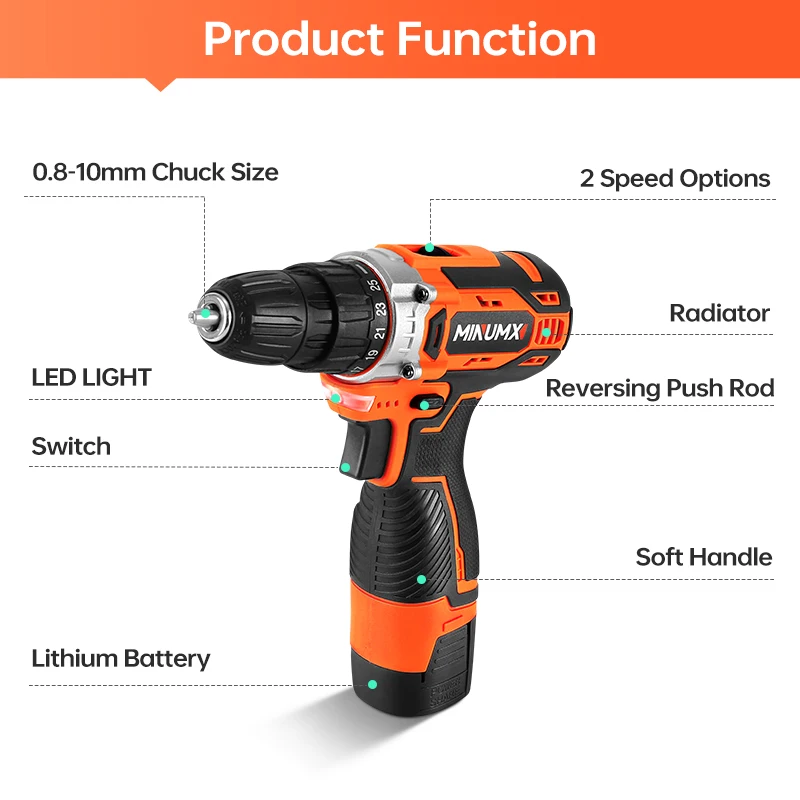 MINUMX 16V Cordless Drill Power Tools 36N.m Wireless Drills Rechargeable Drill for Electric Screwdriver Battery Driller Tools