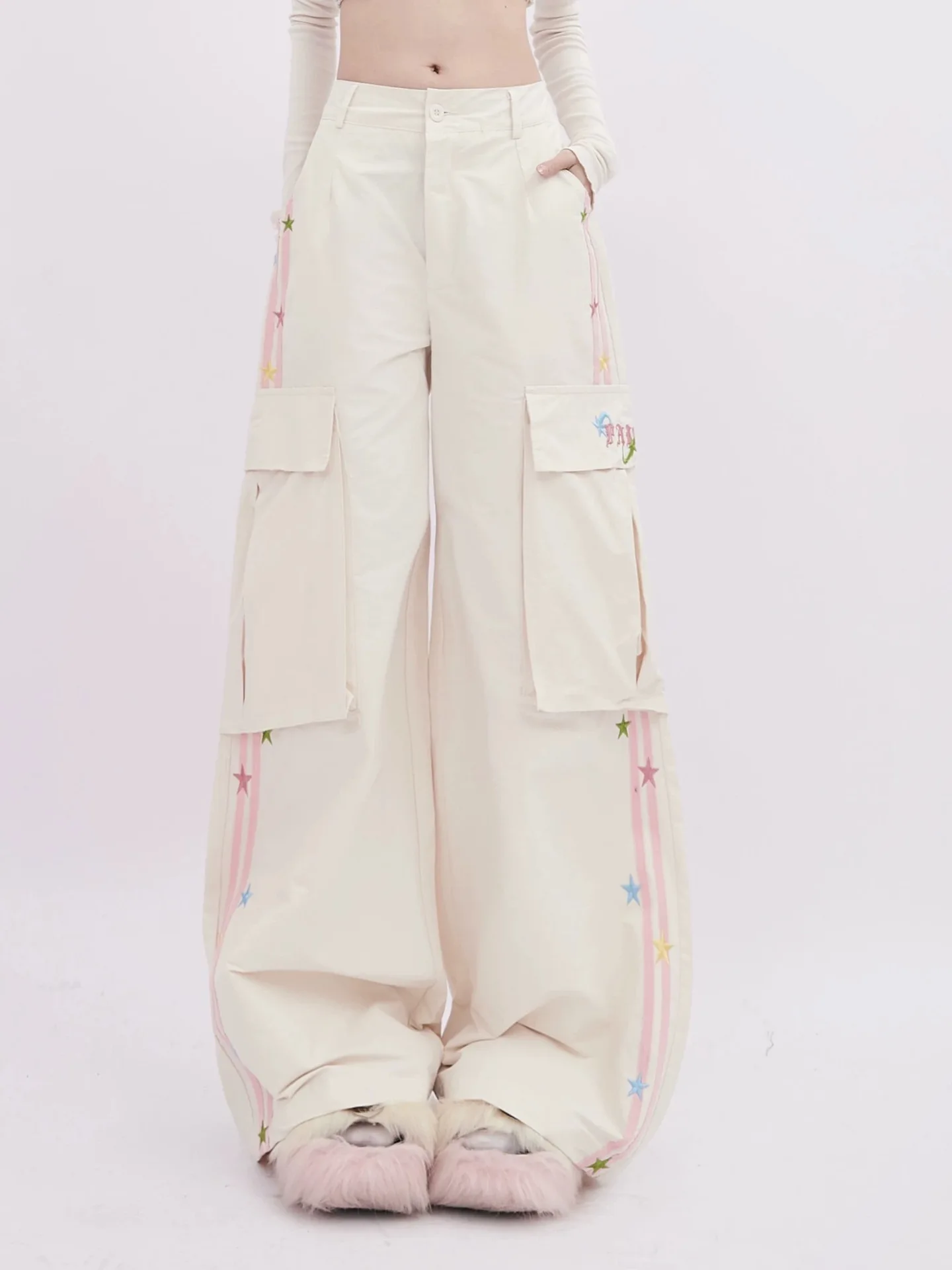 Cargo pants women's spring American street multi-pocket star embroidery design loose and versatile wide-leg pants