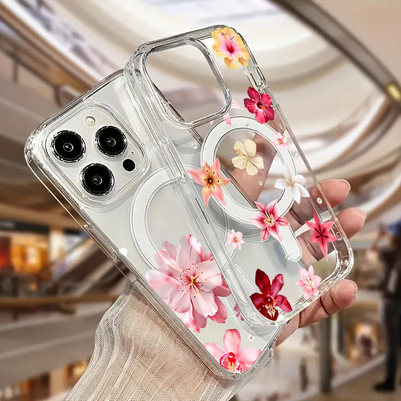Pink Lily Flower Pattern For Magsafe Magnetic Clear Phone Case For Samsung Galaxy S26 S25 S24 S23 S22 Ultra Plus FE Back Cover