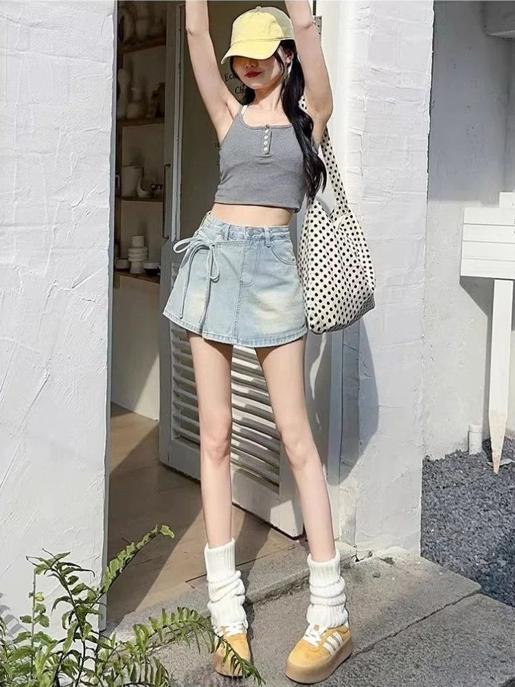 

Джинсовые шорты-юбка с эффектом двухслойности, летние, А-силуэт, с высокой талией, асимметричные, на завязках, для миниатюрных женщин