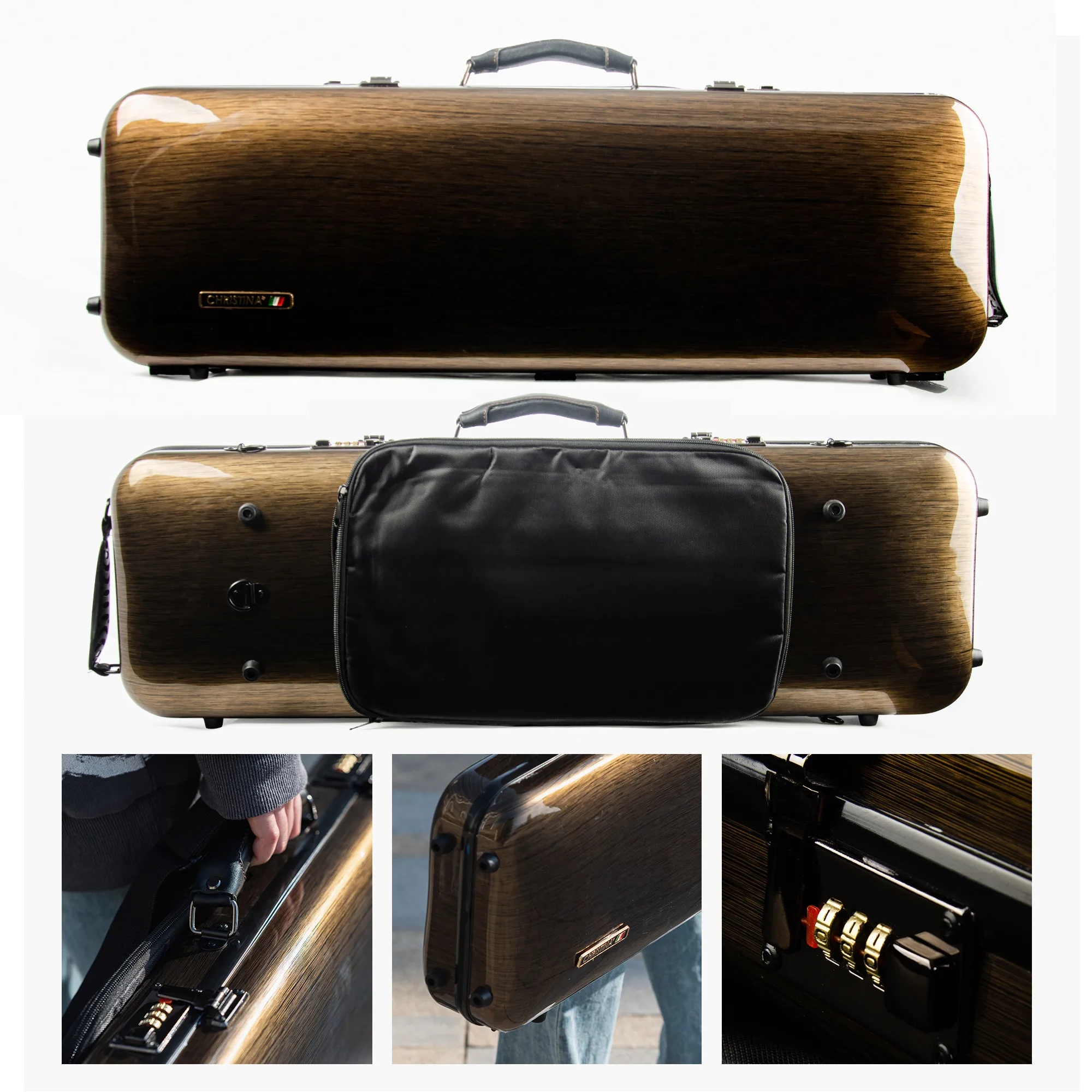 Rectangular Violin Case Dark Gold with Sheet Music Bag Code Lock Extra Bag Waterproof Hybrid Carbon Fiber 4/4 Size