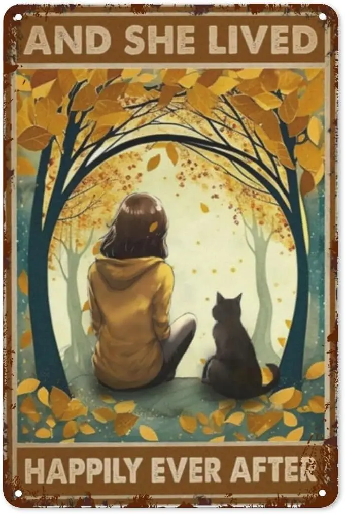 Vintage Blechschilder „Cat Women She Lived Happily Ever After“ – Ermutigungs- und Inspirationszitate für Café, Retro-Heimdekoration, fröhlich, lustig & inspirierend