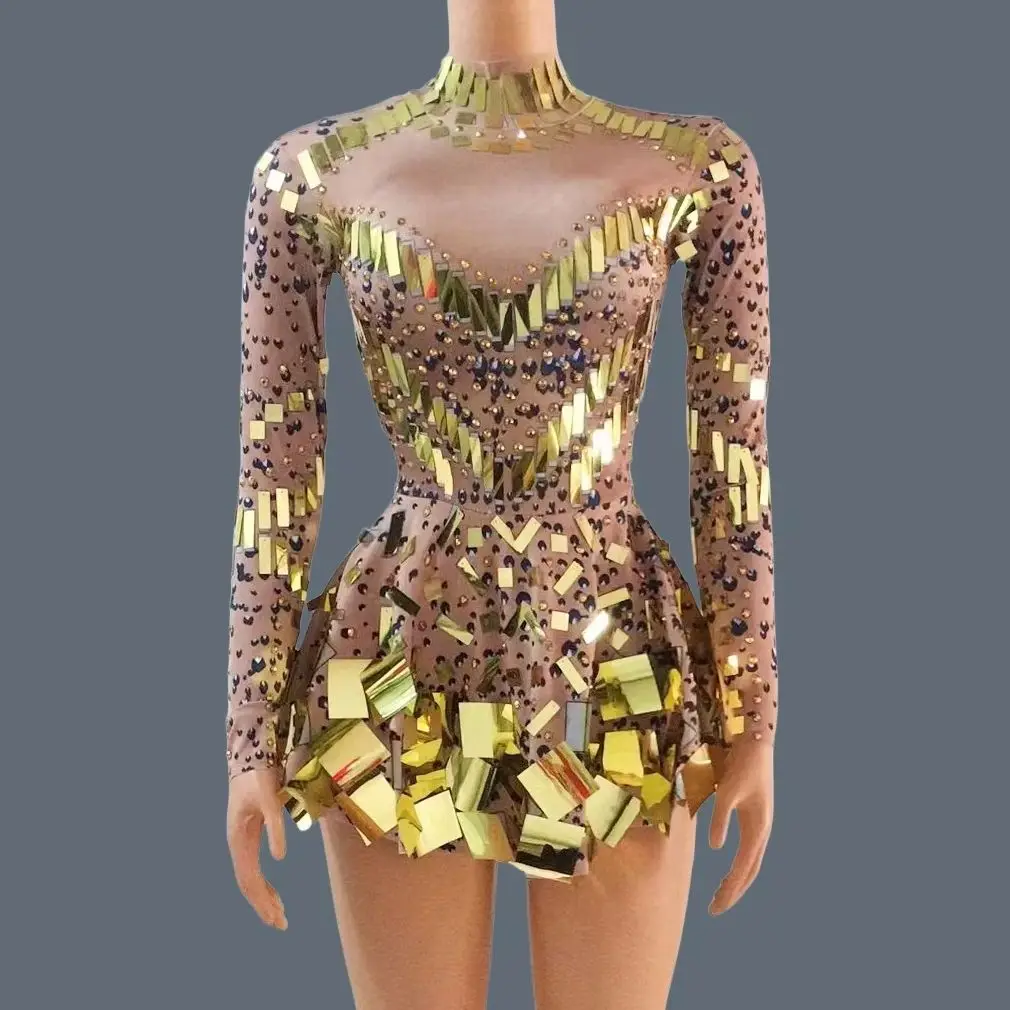 

Sexy Sequins Rhinestones Long Sleeve Pleated Dress Women Dance Costume Birthday Party Mini Dress Club Show Stage Wear Xieshi