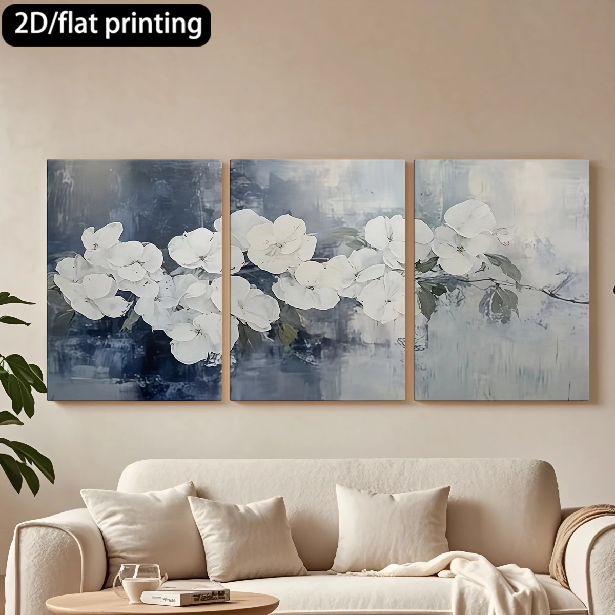 

Набор из 3 картин на холсте в деревянной раме: элегантный декор с изображением белых цветов и веток. Украшение для коридора, гостиной.