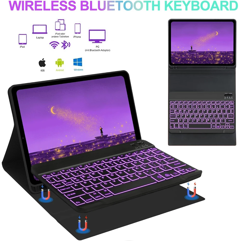 Case for Samsung Galaxy Tab S6 Lite 10.4 Inch, Smart 7 Colors Backlight and Detachable Wireless Bluetooth Keyboard with Pen Slot