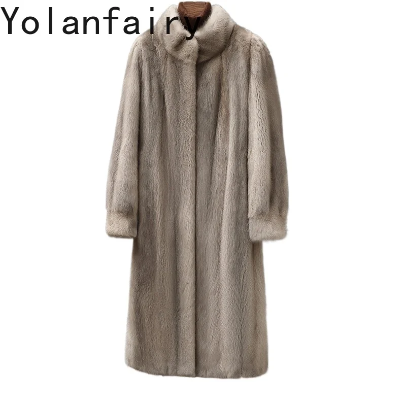 YOLANFAIRY ماركة معطف الفرو الطبيعي امرأة المنك سترة الشتاء منتصف طول الفاخرة 2025 معاطف فرو المنك كاملة الوقوف طوق الرمادي جاكيتات