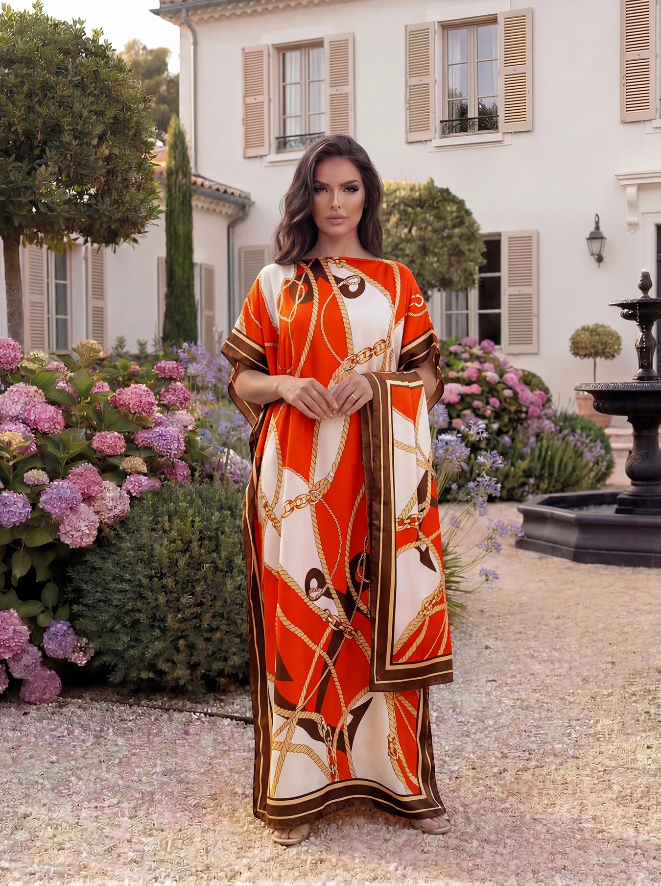 Luxury Chain Floral Leopard Print Satin Abaya Scarf Set, Loose Batwing Maxi Kaftan for Muslim Women Summer Beach Holiday Wear