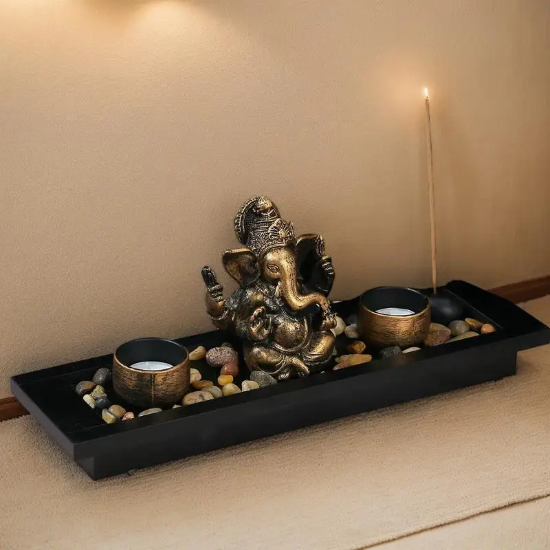 اللون البرونزي الرب غانيشا تمثال بوذا الحلي الفيل الهندوسية الله النحت ديكور مكتب المنزل Tealight حامل تمثال مجموعة