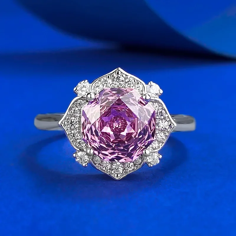 New S925 Silver Imported High Carbon Diamond 8 * 8 Millennium Rose Cut Purple Diamond Women's Ring