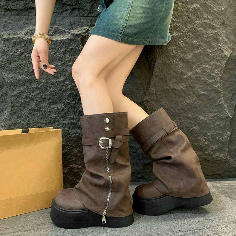 

Studded Wedge Mid-Tube Boots Fashion Round Toe Side Zipper Rear Zipper Non-Slip Wear-Resistant High Heels