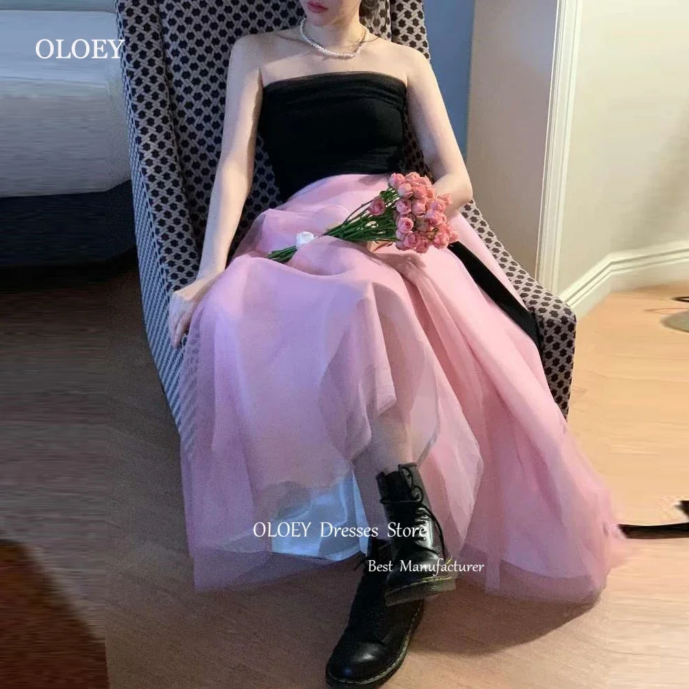 OLOEY Simple Black And Pink Korea Evening Dresses For Wedding Party Strapless Ankle Length Prom Gowns Formal Occasion Dress