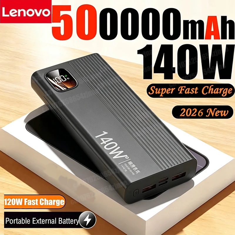 Lenovo 500000 mAh 140 W PowerBank, superschnelles Laden, tragbare Powerbank, externes Batterieladegerät, LED-Anzeige für iPhone Xiaomi, neu