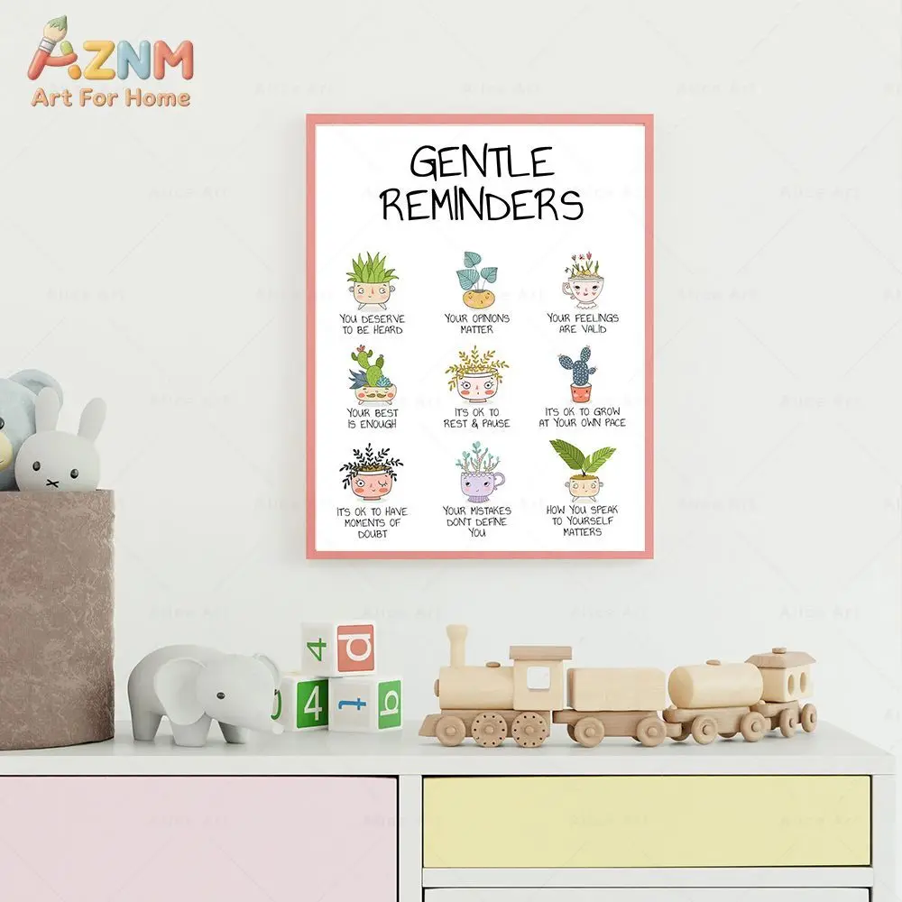 AZNM Gentle Reminders Canvas Wall Art Cute Cartoon Plant Positive Mental Health Quote Print Frameless Canvas Painting Bedroom Of