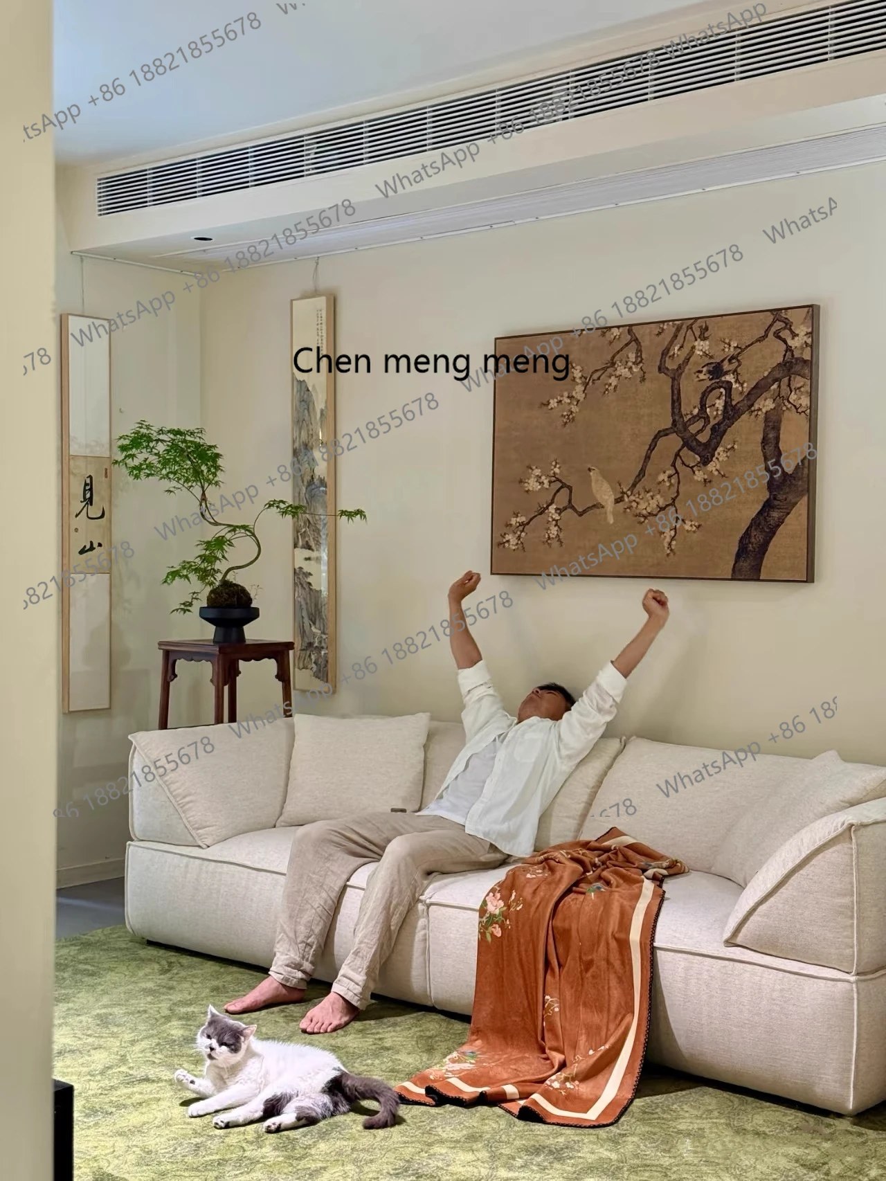 Medieval Wabi Sansan Fenglifa B & B Living room Small apartment Straight row three-person fabric minimalist sofa
