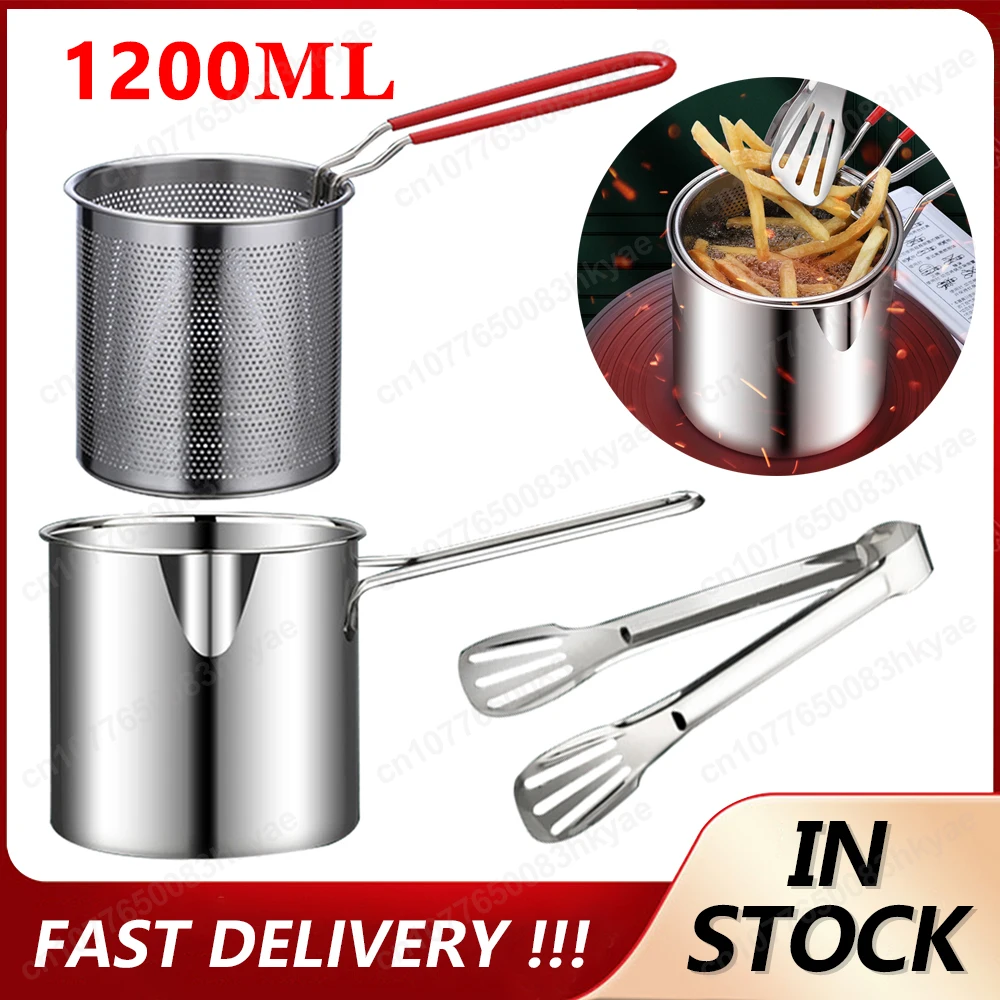 1200ML Deep Frying Pot Kitchen Fryer With Strainer Stainless Steel Tempura Fryer Pan Fry Pot French Fried Chicken Cooking Tool