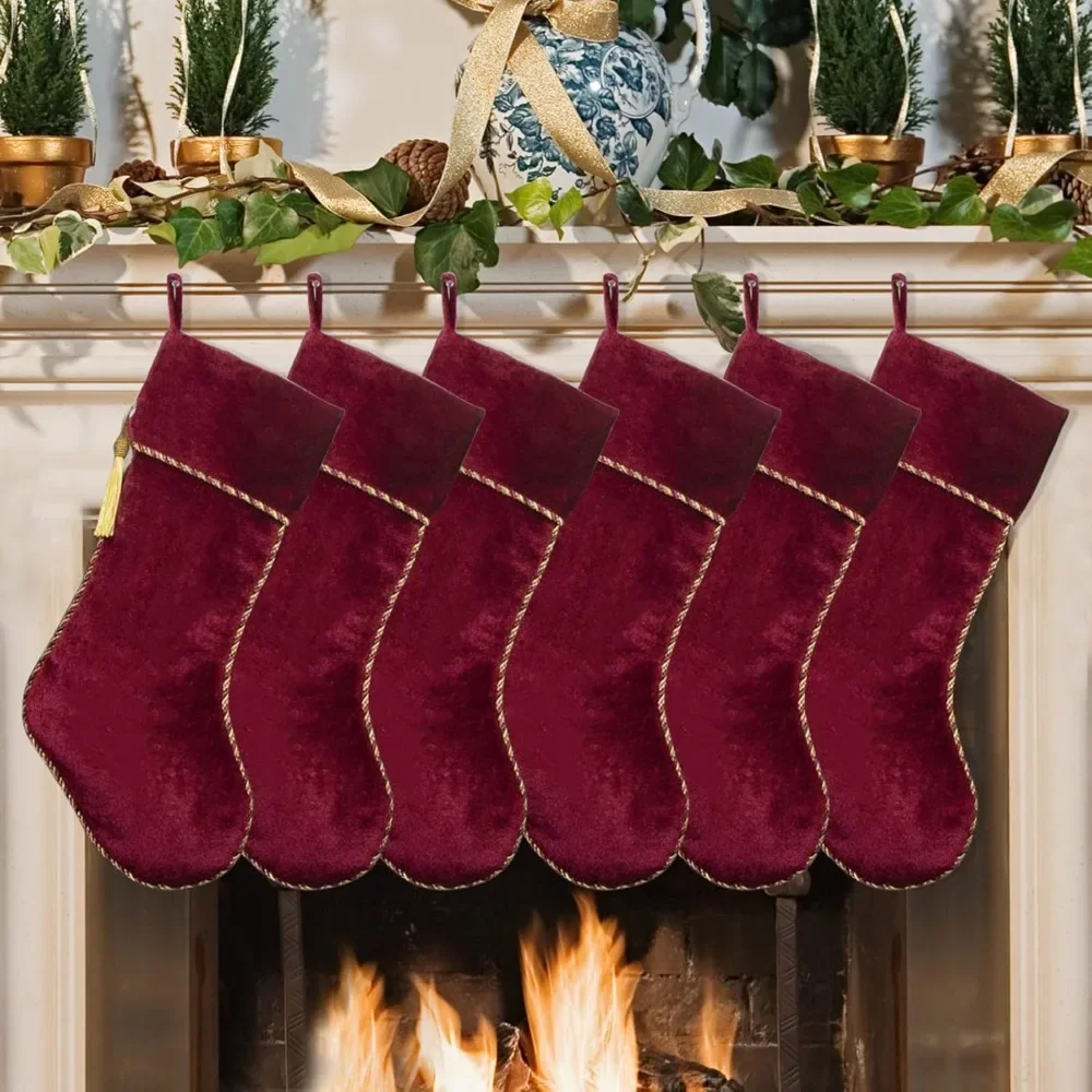 

Red Christmas Stockings 6 Pack - Velvet Stockings with Gold Tassel Decoration for Holiday Decor