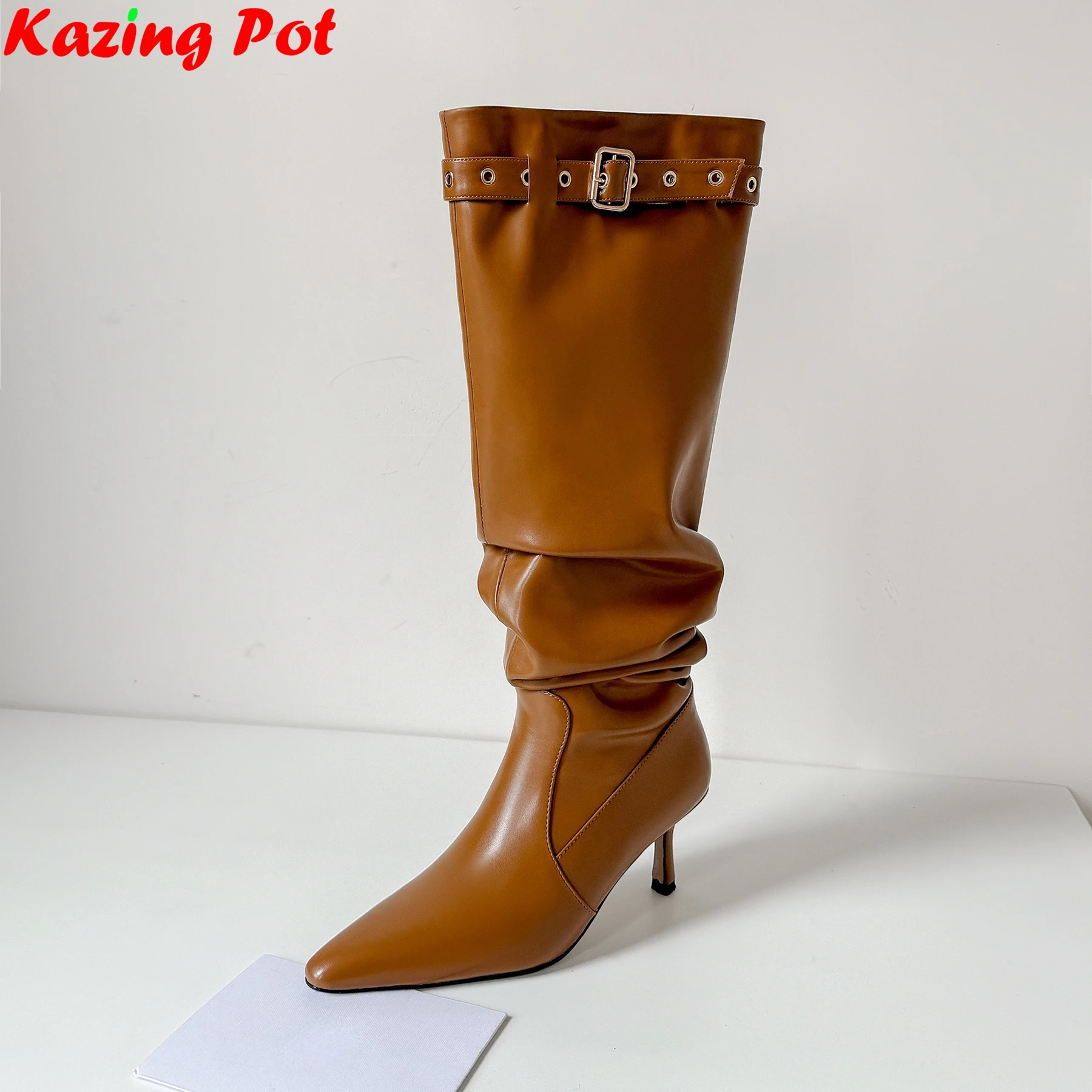 

Plus Size 34-42 Microfiber High Heels Square Toe Stretch Long Boots Elegant Modern Pleated Belt Buckle Brand Ins Knee-high Boots
