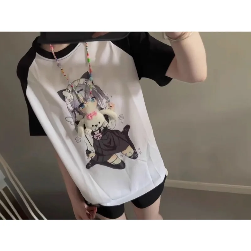 Harajuku camiseta de manga curta feminina, tops estampados de anime, retalhos soltos, preto e branco, casual japonês sweet tees, subcultura, Y2K, harajuku