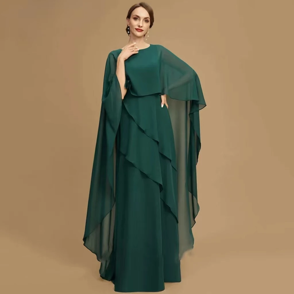 Elegant Muslim Long Robe O Neck Floor Length Mother Of The Bride Dress Green Chiffon Wedding Guest Party Gown Vestidos Madrina