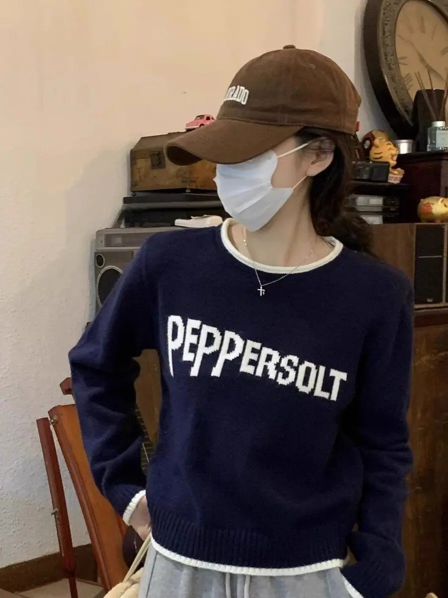 Farbe Blo Letter rund Ne Strickwaren Damen Herbst Winter Faion Inner Wear Top Lazy Sle Long Sve Thiened Pullover